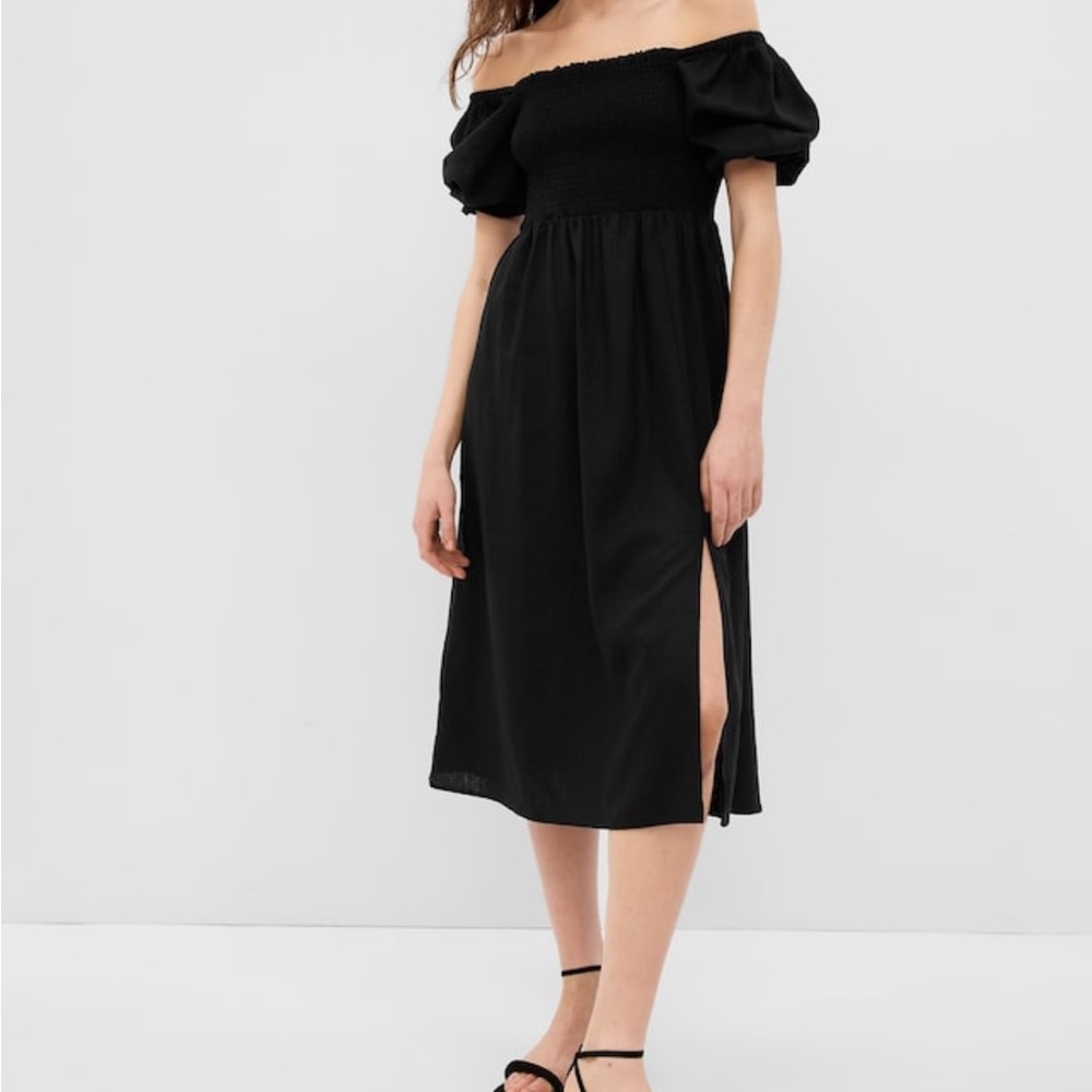 Linen Puff Sleeve Midi Dress